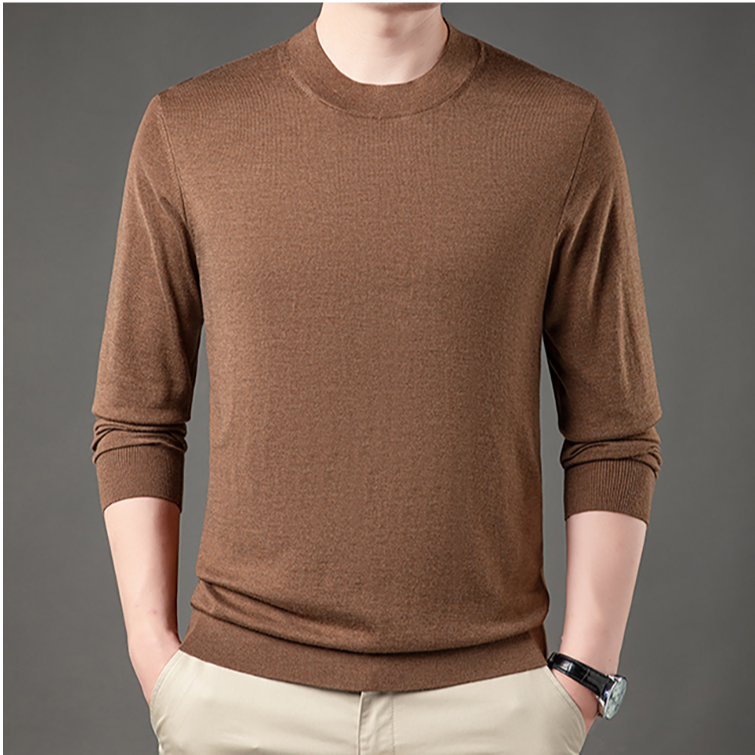 男士长袖羊毛桑蚕丝圆领秋冬套头衫高档百搭纯色打底衫