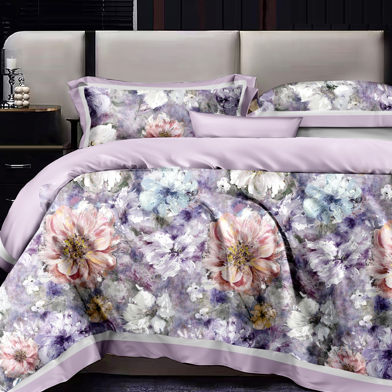 B5289 纯棉100s活性数码印花双人床单/枕套 沁园春-紫240*250轻奢