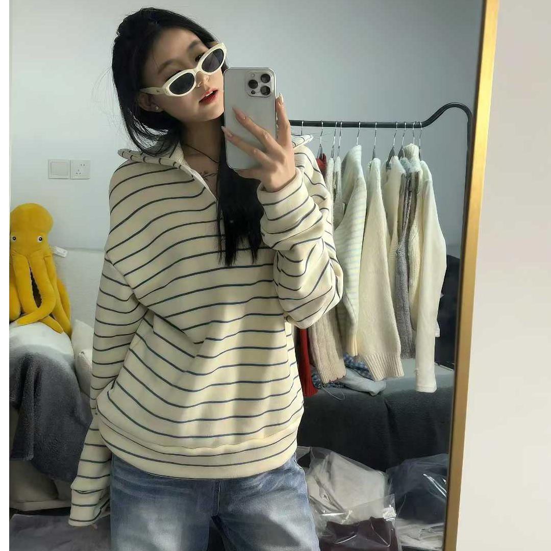 韩国条纹毛针织衫韩系慵懒浣熊绒长袖圆领绿色百搭