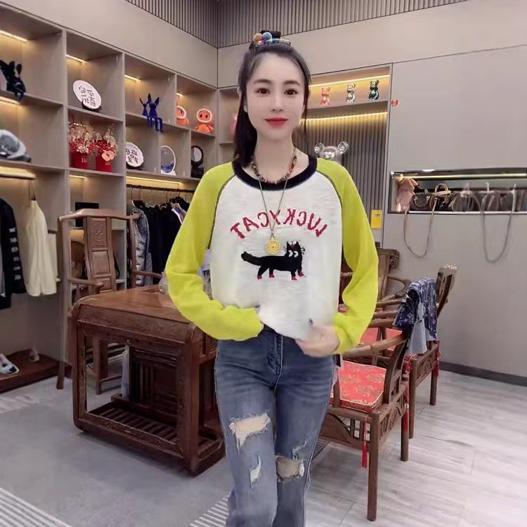 0168休闲小猫拼色针织衫