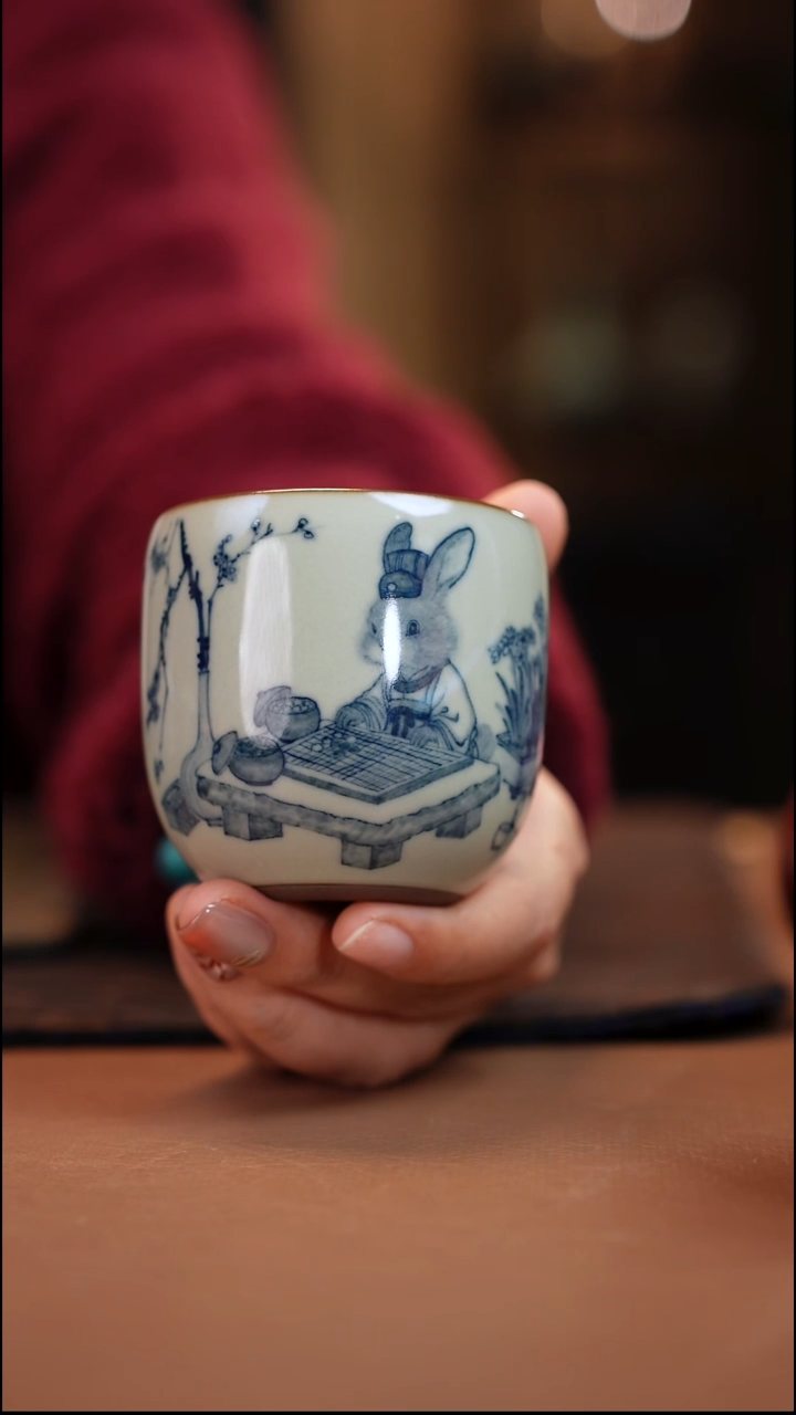 气柴窑 玉石青 兔子 和笙杯