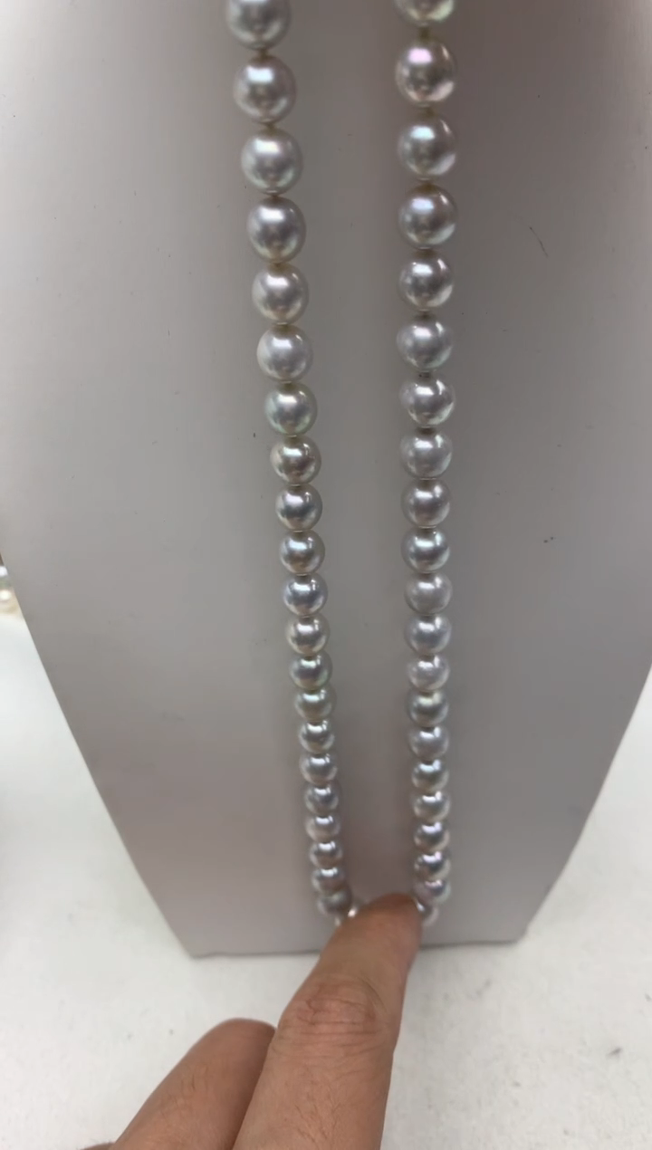 银S925镶嵌ff海水珍珠akoya灰珠串链7~8mm