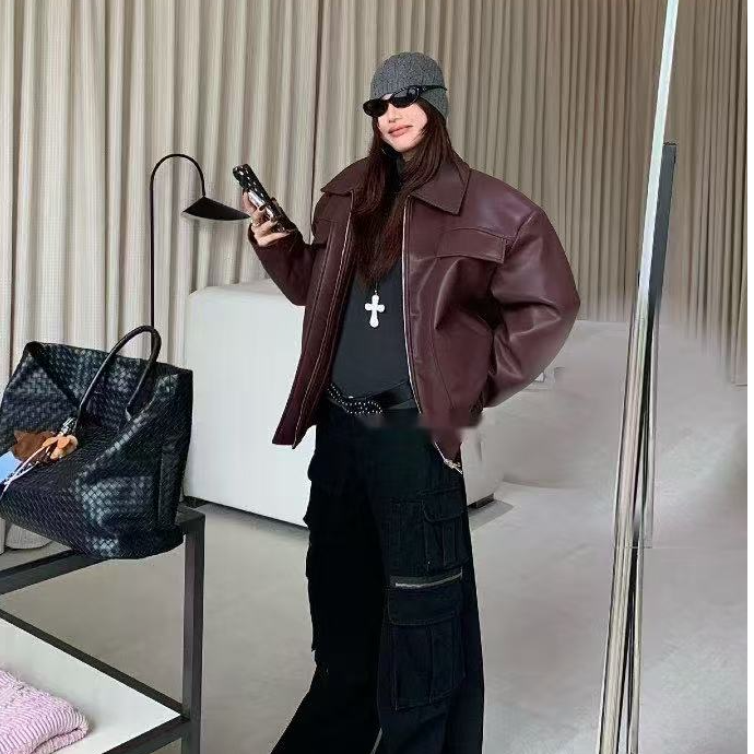 美式复古休闲pu皮夹棉外套