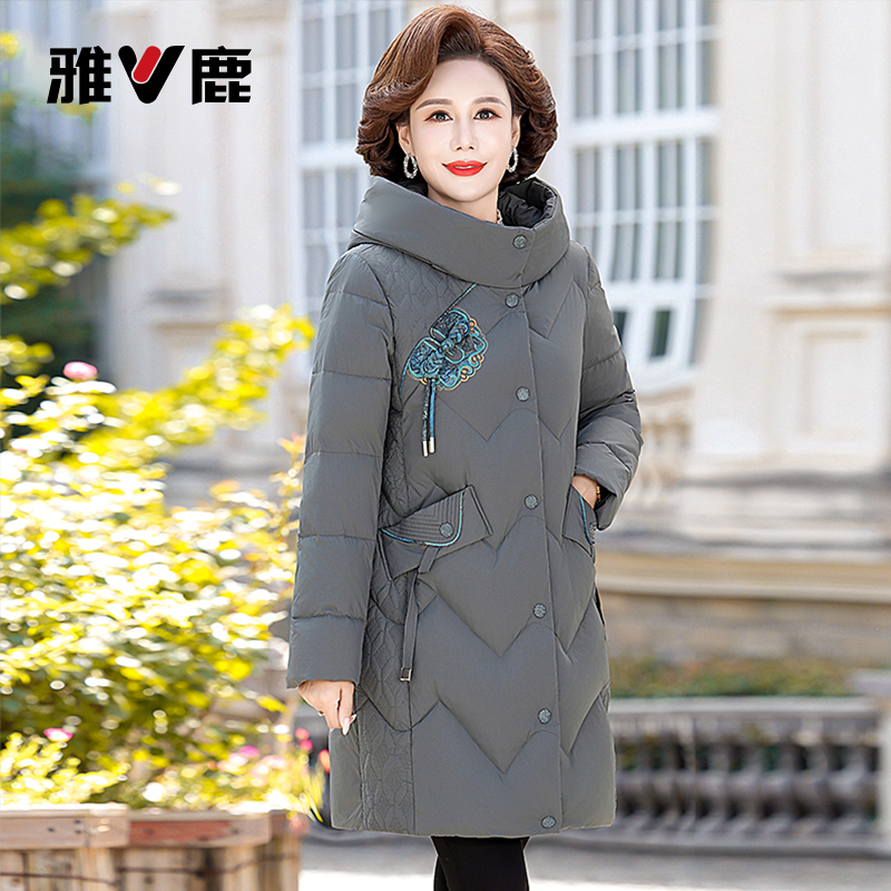 V/雅鹿气质妈妈冬装羽绒服女新款时尚连帽中长款保暖外套A63