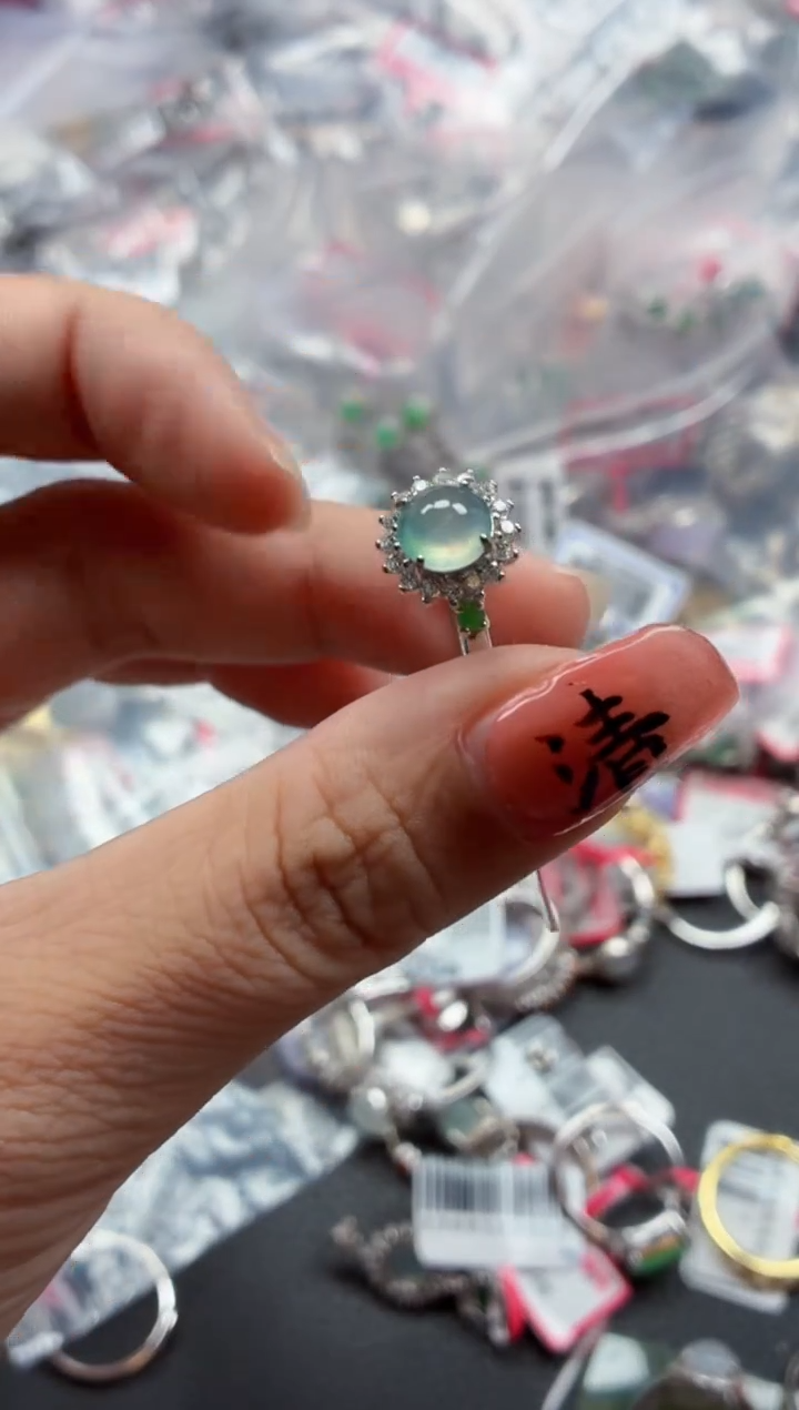 银S925镶嵌戒指翡翠天然A货缅甸翡翠
