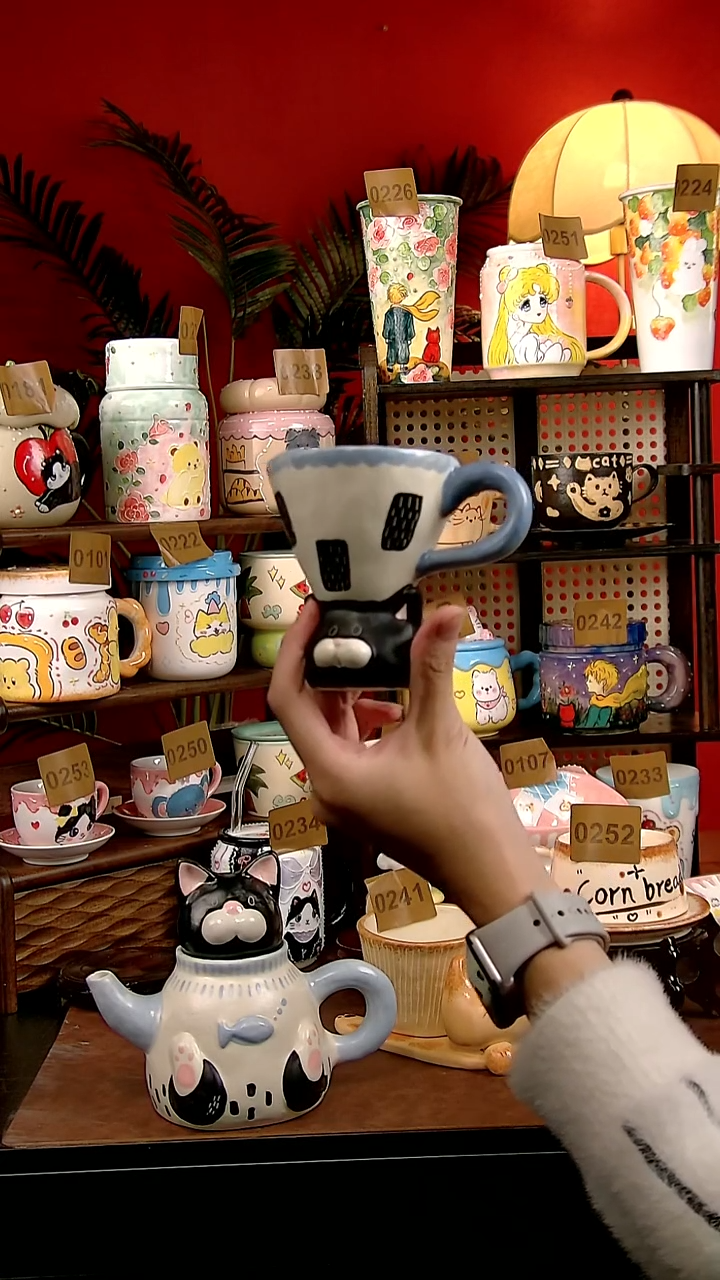杯子瓷DIY景德镇陶瓷手工创意卡通风猫猫斗笠杯