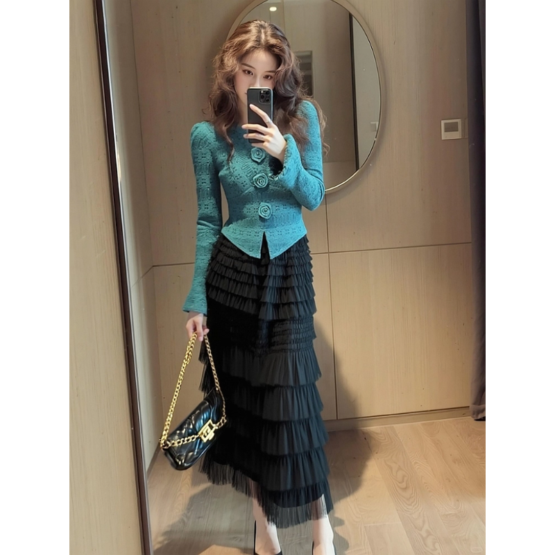 御姐轻熟风高端精致重要场合高级感蓝色上衣半身裙两件套装女秋冬