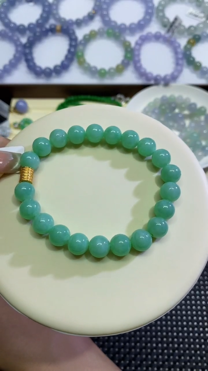 翡翠散珠卡9青苹果绿手串