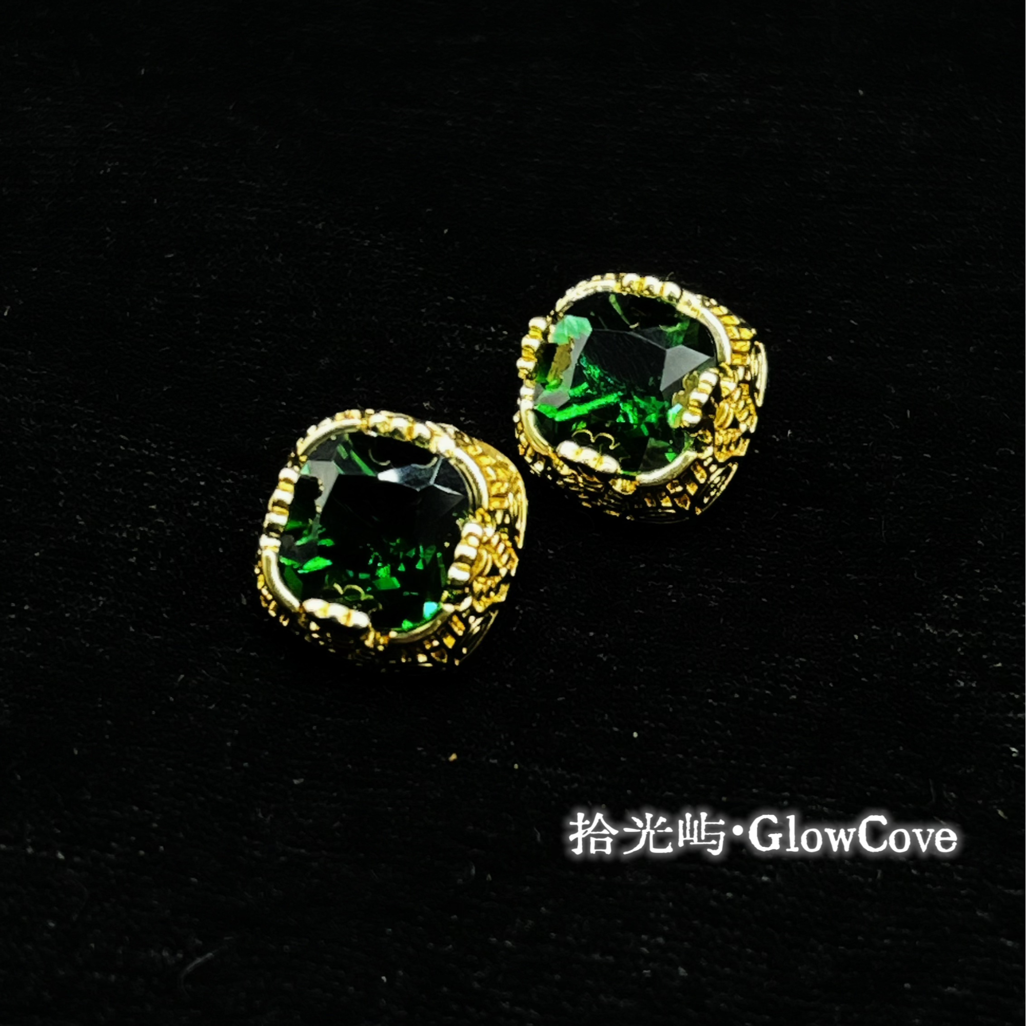 铜合金耳饰 中古vintage经典绿祖母方糖耳钉轻奢高级感气质