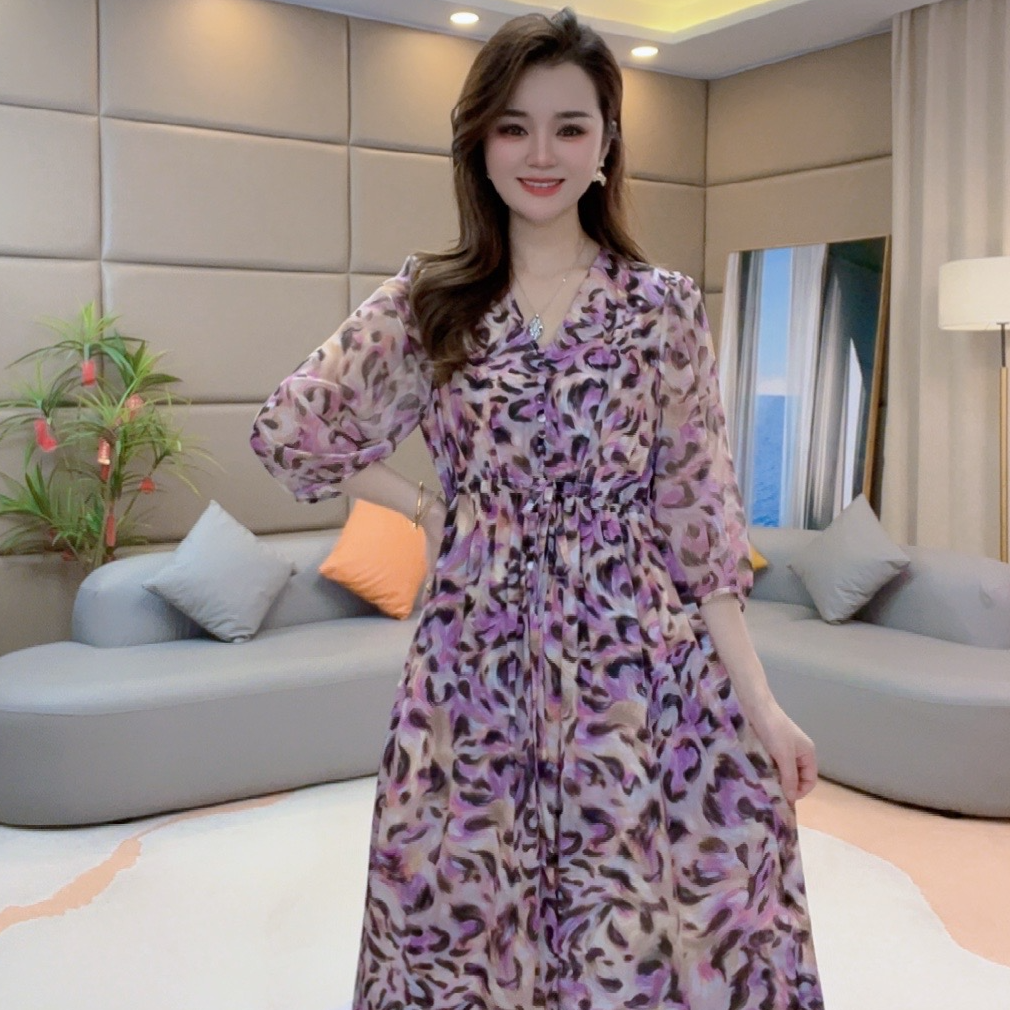 《静静心选》“魅紫花裙”收腰气质显瘦真丝印花连衣裙80014