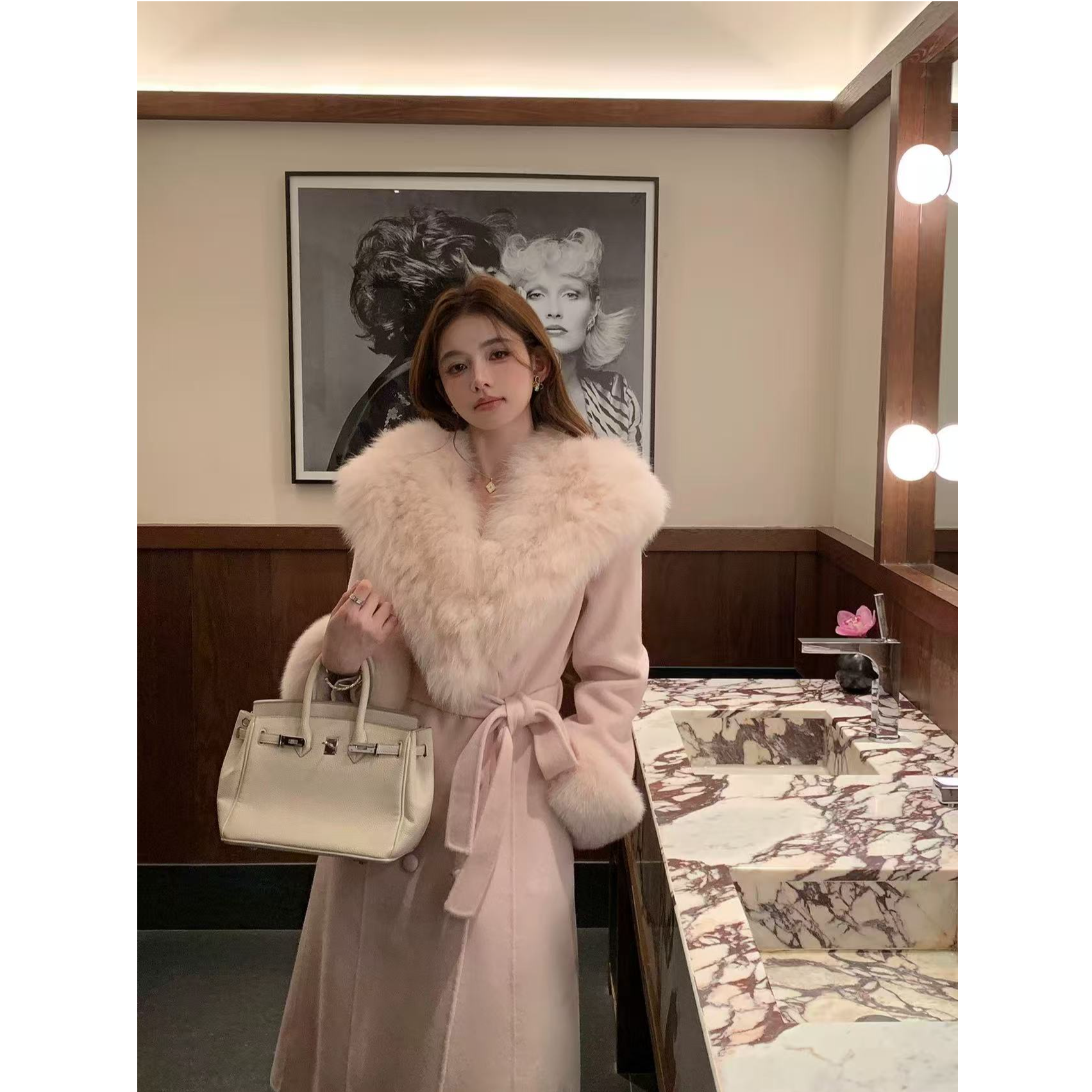 2025秋冬毛呢新款毛领中长款双面呢大衣女S111282