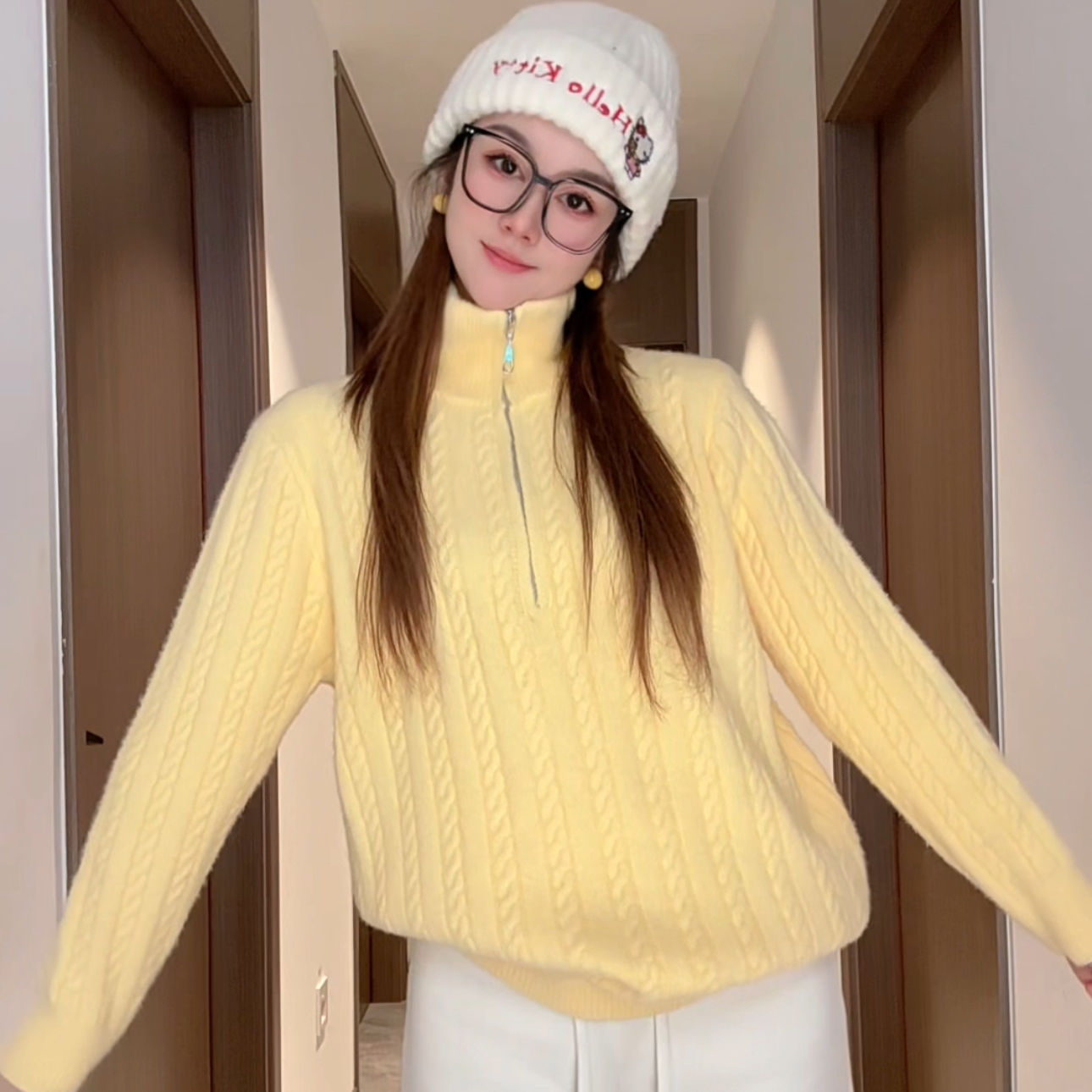 【不起球】麻花半拉链立领宽松加厚毛衣女秋冬慵懒风洋气针织衫上衣