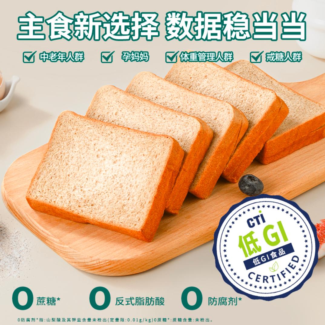 【低GI吐司】高钙高纤维高蛋白黑麦全麦吐司面包早餐健身代餐700g