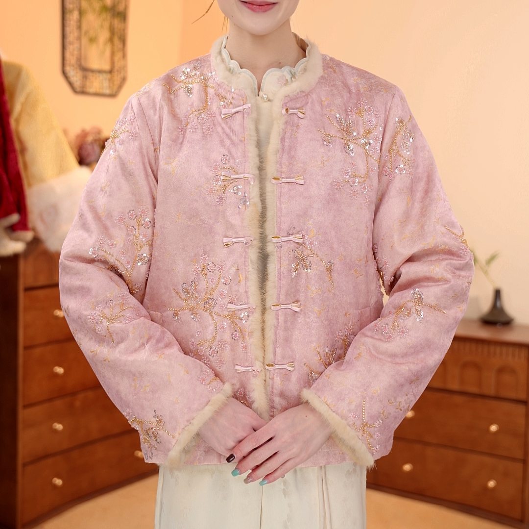 粉雾梅梢｜新中式国风加绒加厚水貂毛刺绣双面穿外套-6429