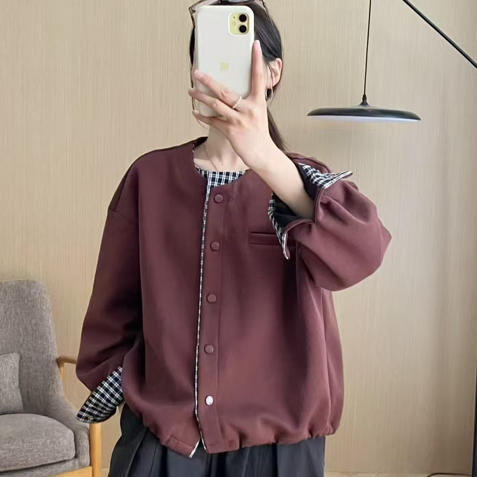 春秋新款气质时尚休闲百搭圆领外套春季减龄宽松显瘦上衣女518