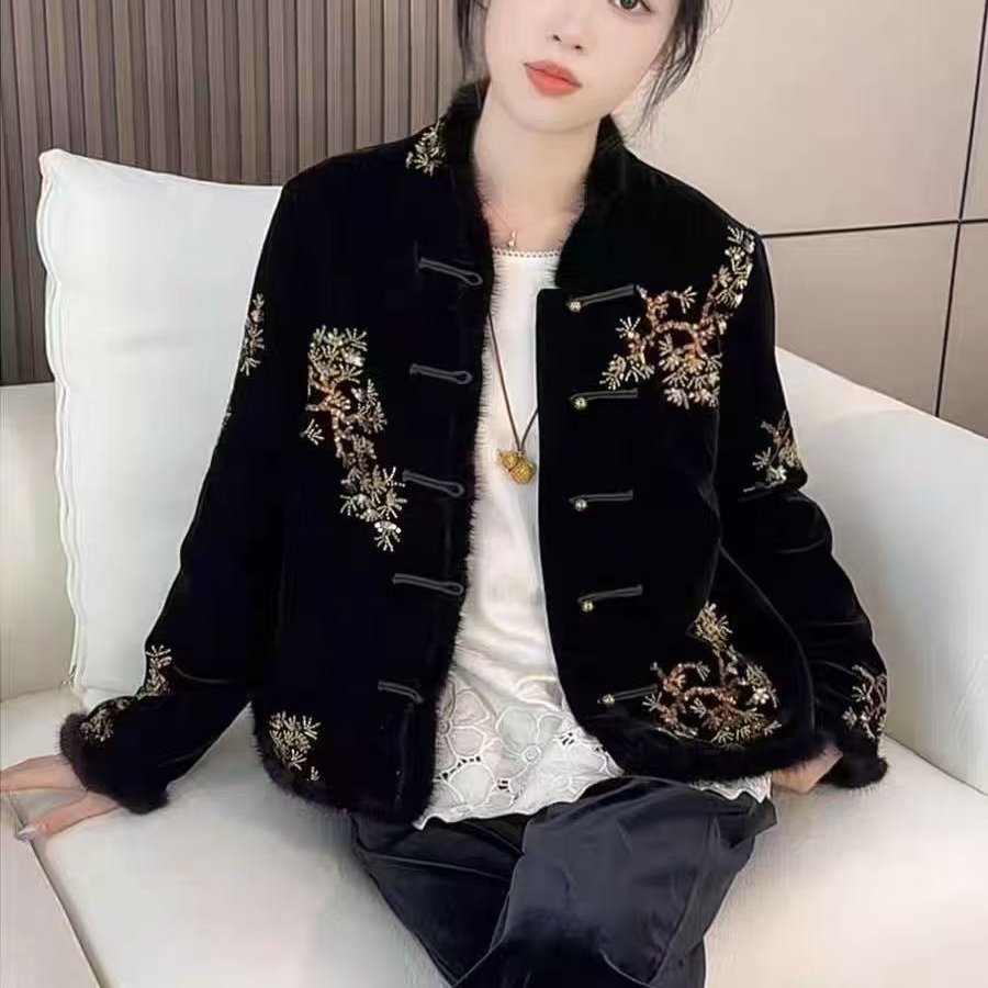 纸醉金迷~新中式冬季加棉外套小众轻奢百搭时尚亮片上衣581