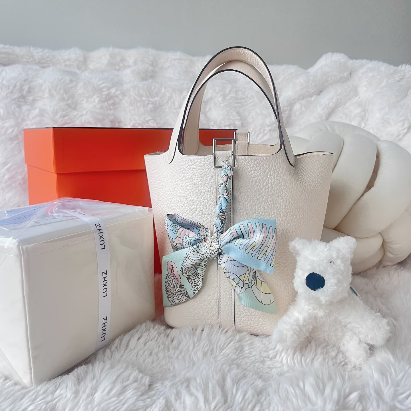 99新 Hermes/爱马仕 爱马仕菜篮子18奶油白银扣手提包/甄选