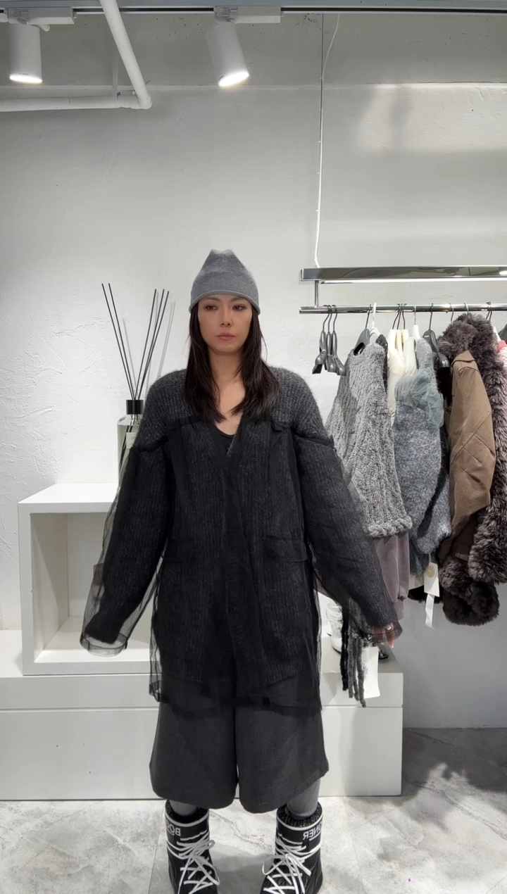 W*+深灰长拼纱开衫399