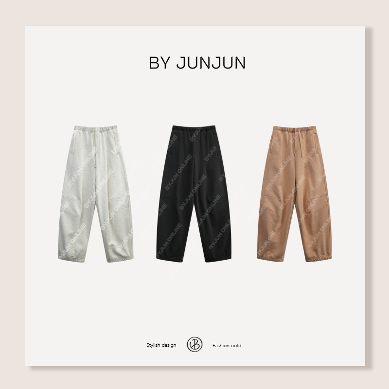 Byjunjun 立体剪裁松紧腰阔腿裤松紧腰系带休闲裤