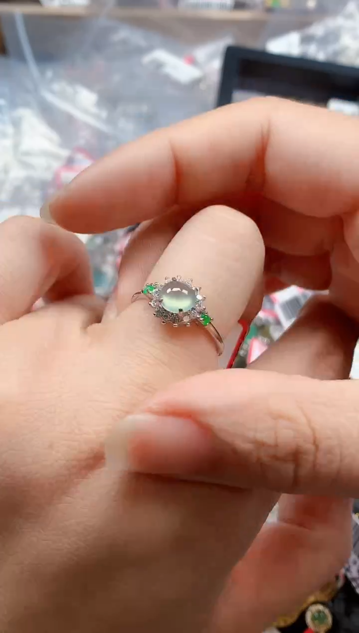 银S925镶嵌戒指翡翠天然A货缅甸翡翠