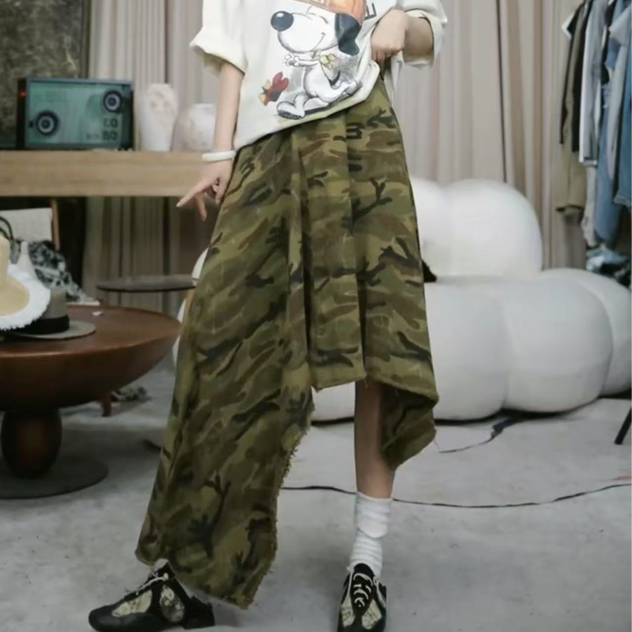 infobyfive福利夏季新款出游篇不规则迷彩裙半身裙NF0502105