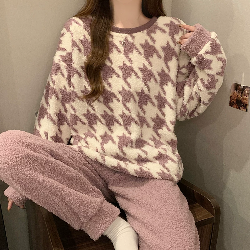 2025年秋冬新款女加绒加厚珊瑚绒睡衣休闲简约可外穿家居服套装