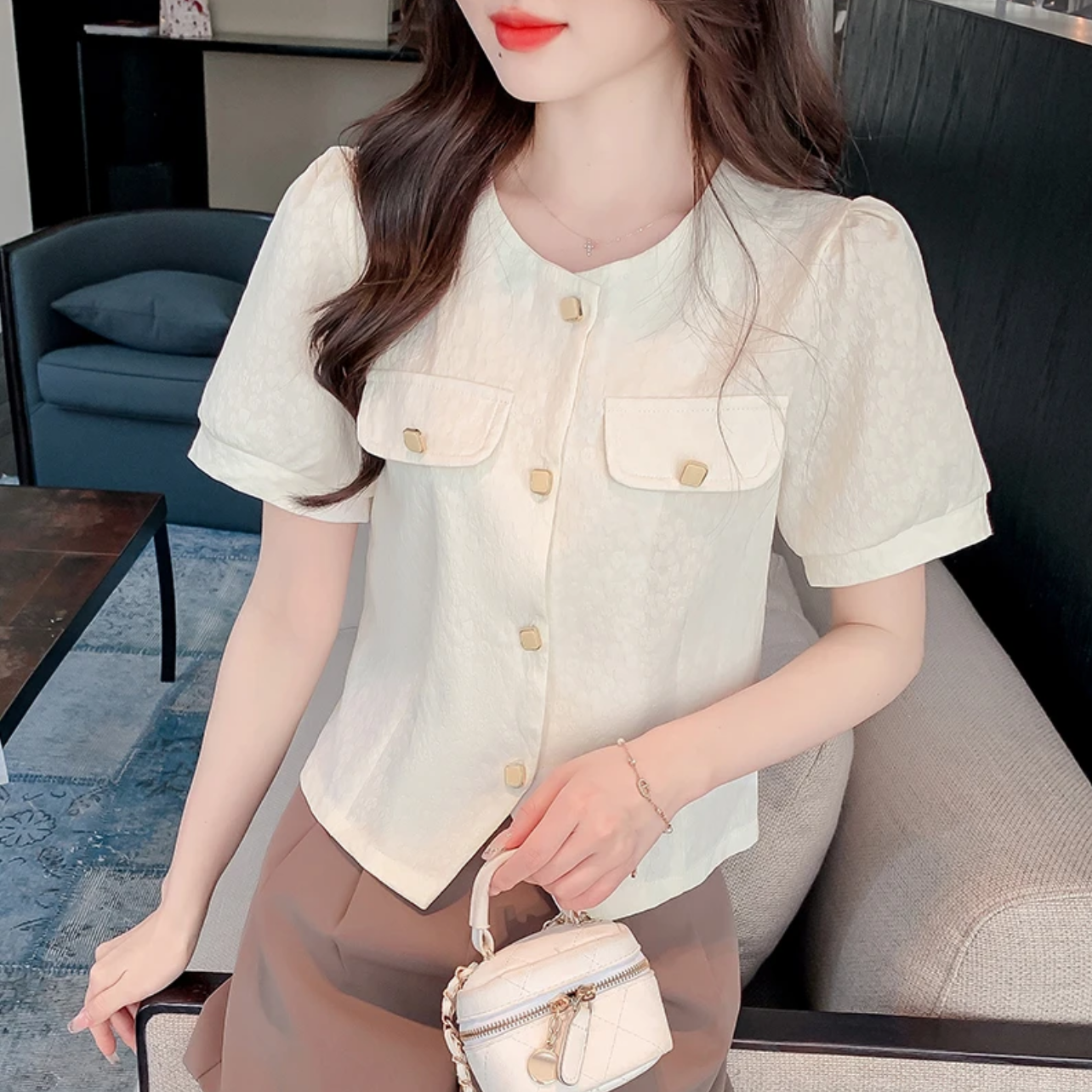 25822【衣长48】夏季新款时尚洋气短袖衬衫女气质显瘦百搭上衣