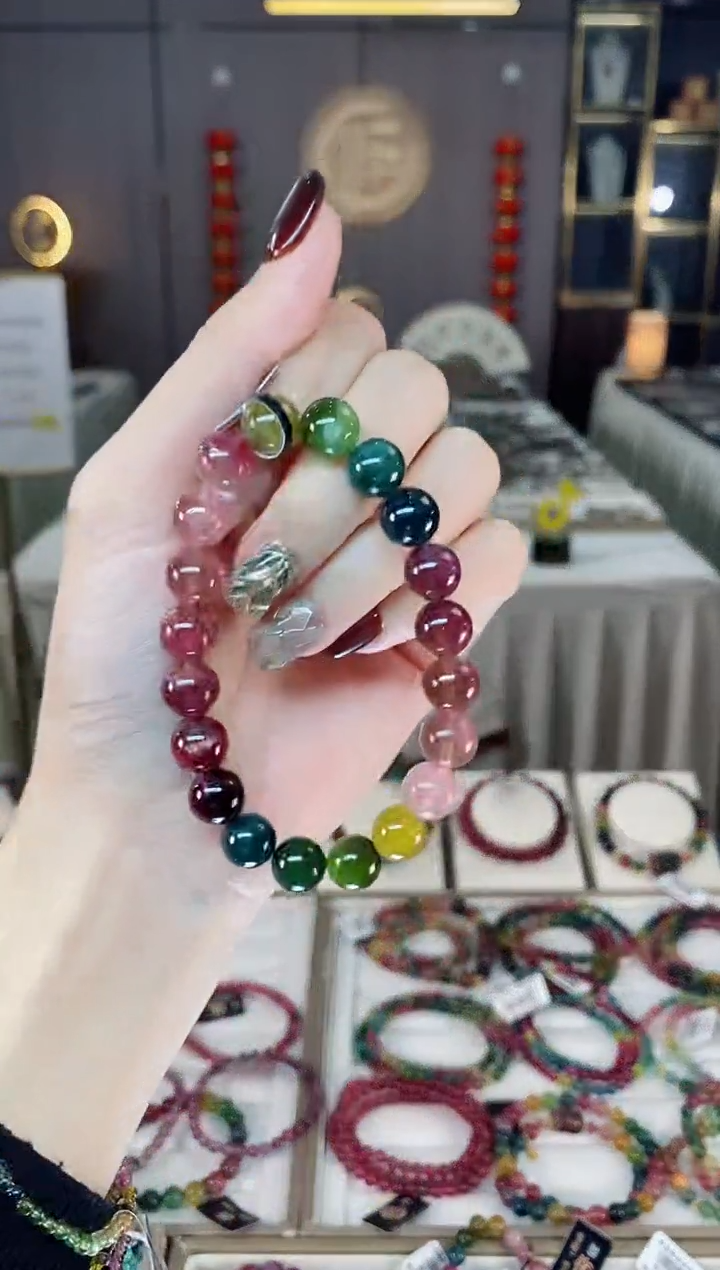 未镶嵌老矿碧玺色标彩虹单圈手串9mm+碧玺dan多样性发货一条