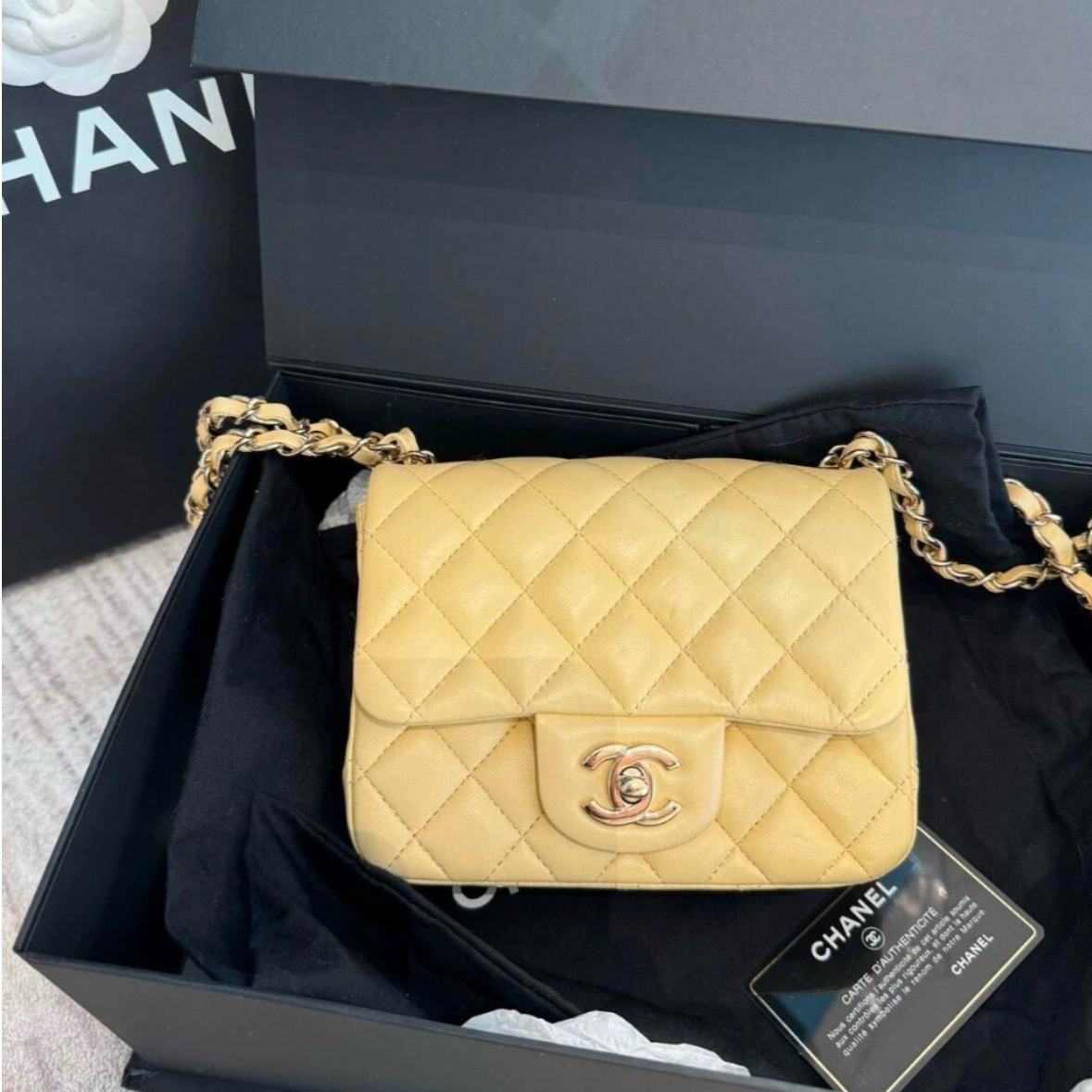 99新 Chanel/香奈儿 小花姑姑335600 cf菱格纹 方胖子 小鸡黄30开