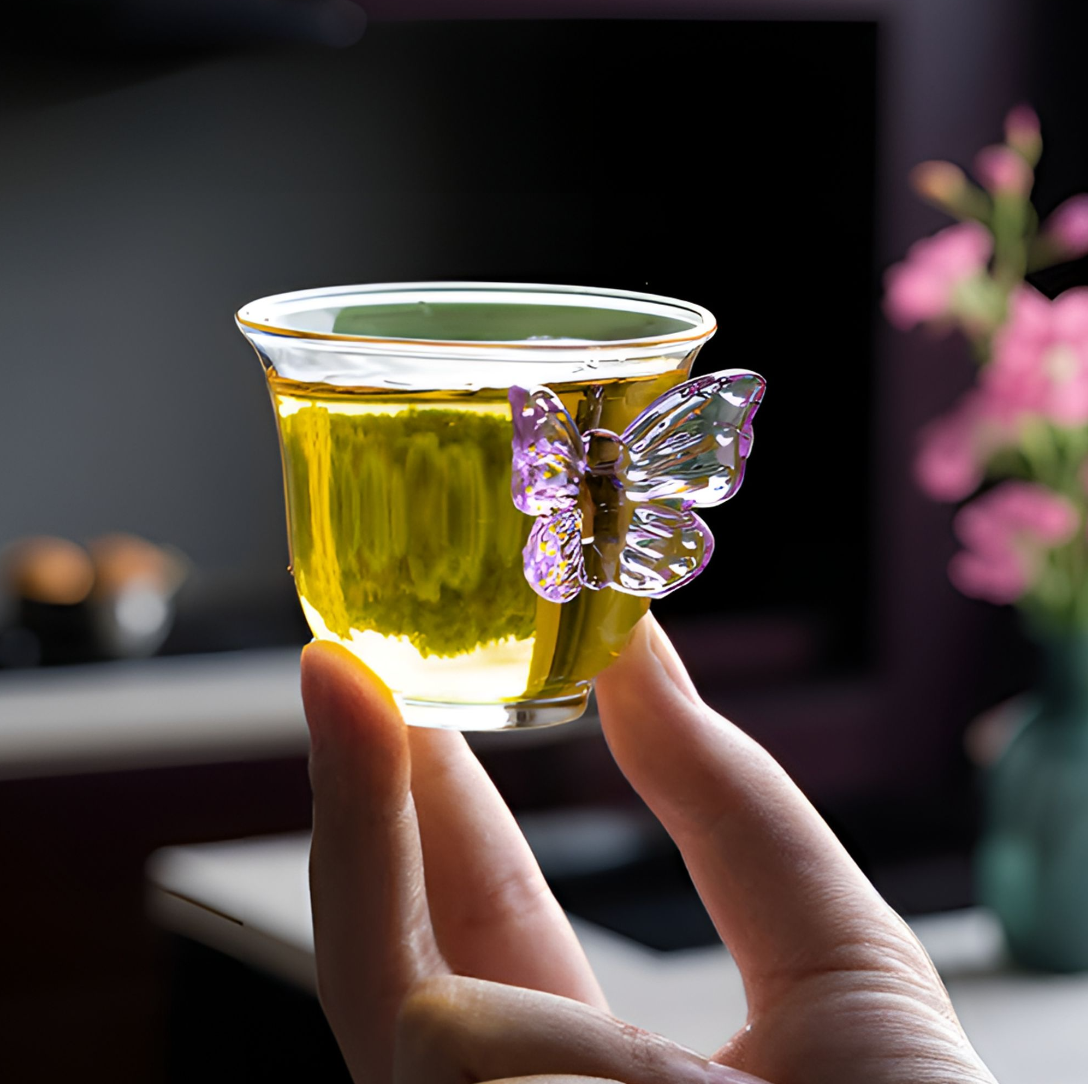 紫色立体蝴蝶茶杯高硼硅玻璃主人杯单杯个人专用品茗杯单杯女生