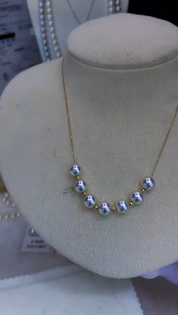 18K金镶嵌海水珍珠饰品7-7.5微笑满天星项链