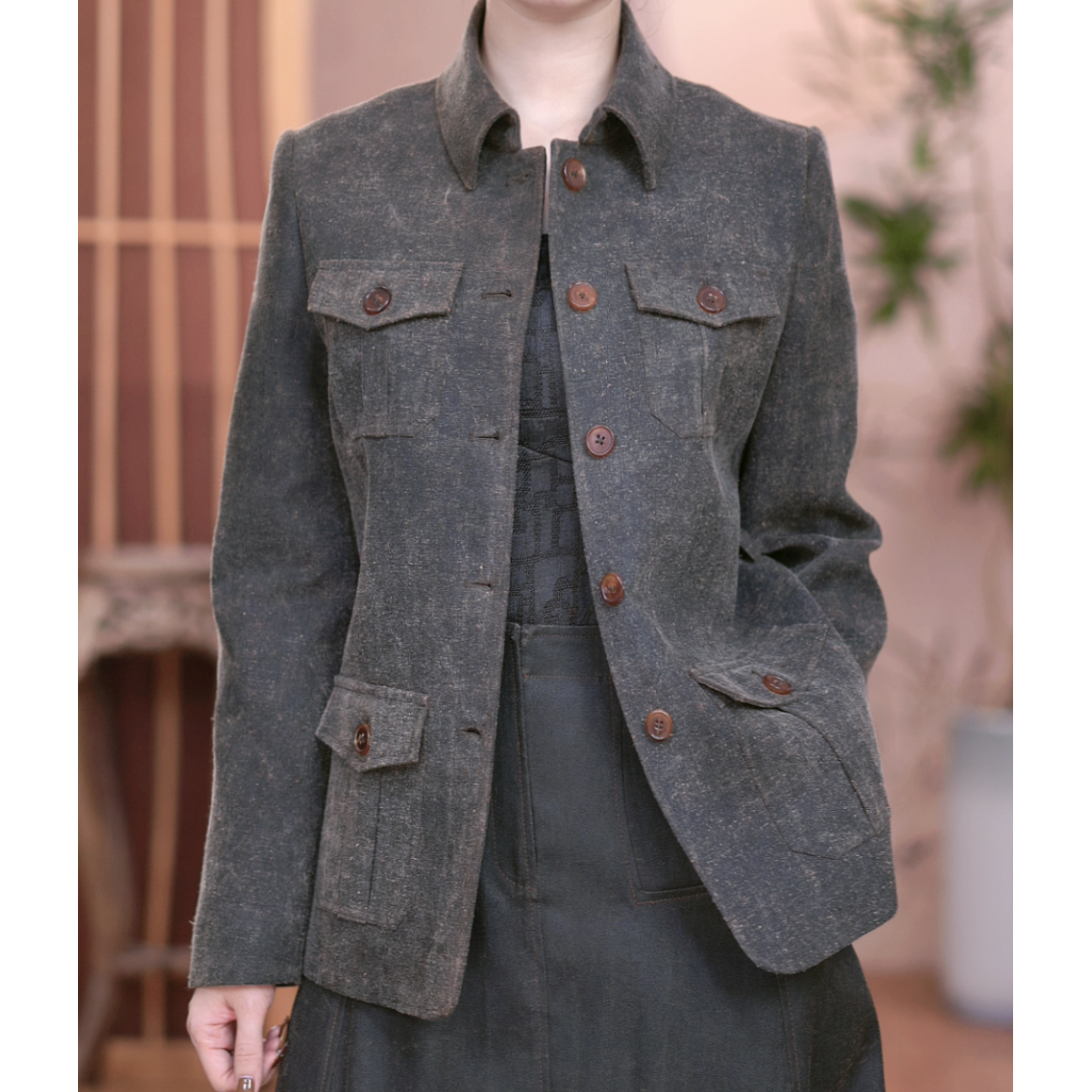 【二十四慢】柞蚕丝老料香云纱鸭江尼小猎装短款外套百搭时尚