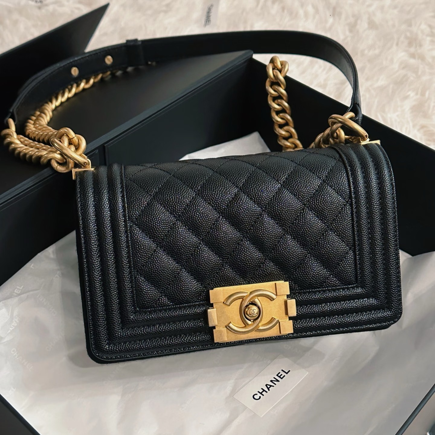 未使用 Chanel/香奈儿 闲置荔枝纹黑金牛leboy小号单肩斜挎包