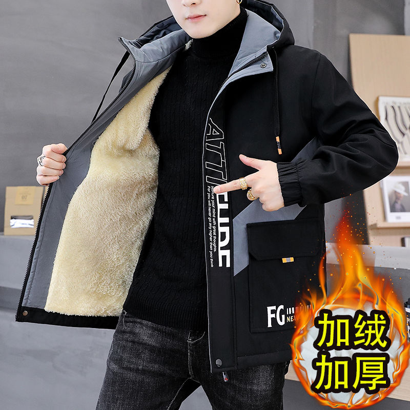秋冬季外套男士加绒夹克休闲工装外套连帽百搭加厚加绒潮牌棉衣