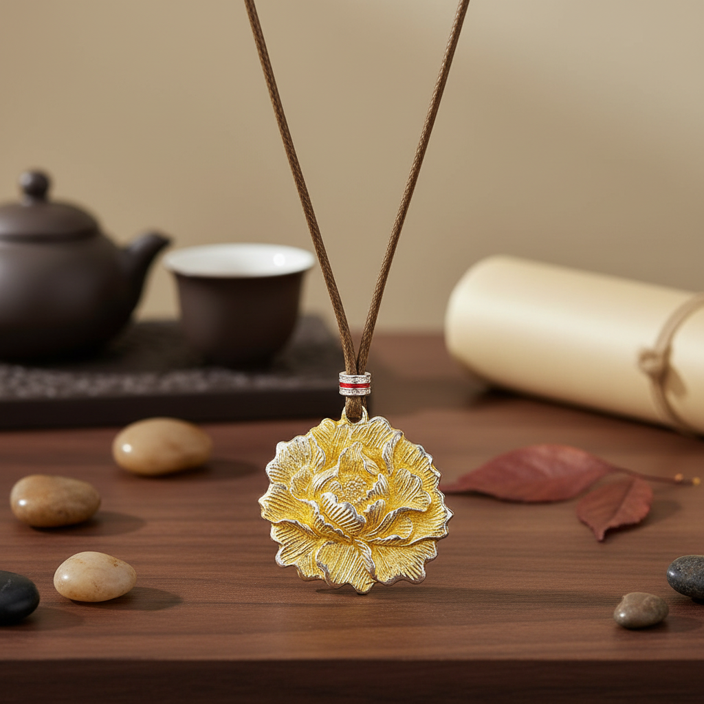 999.9描金牡丹花吊坠