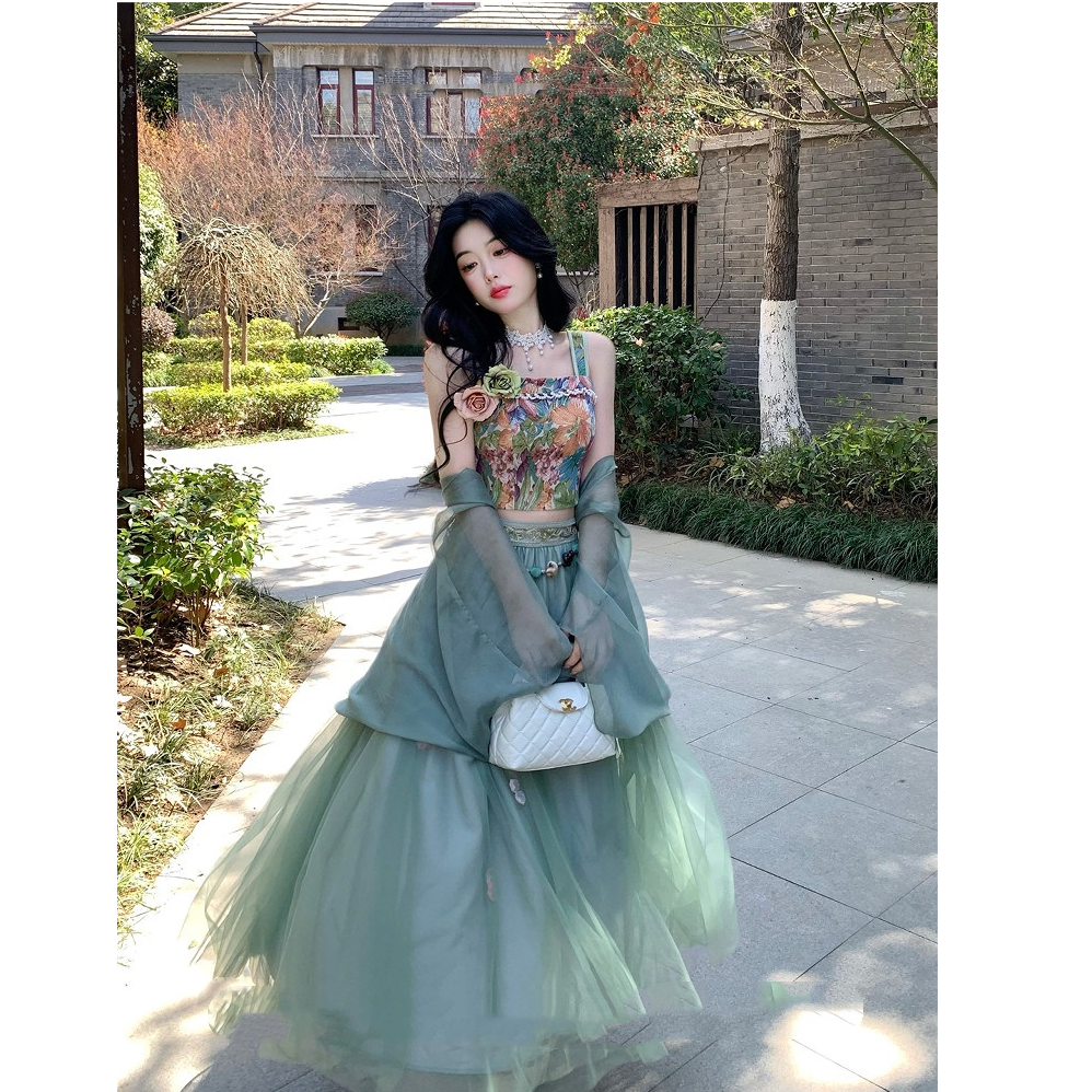 绿野仙踪 气质立体花朵提花重工吊带+网纱半身裙青色开衫三件套装