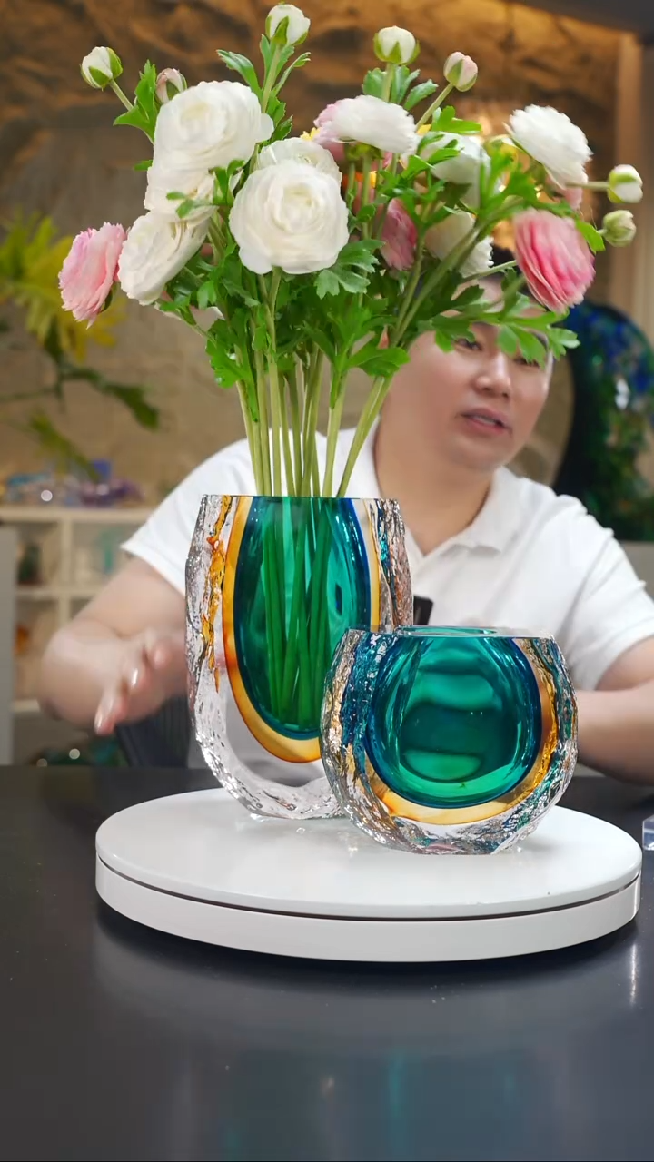 手工艺品琉璃蓝金色冰川纹花器一组