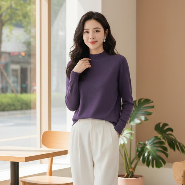 祥好服饰 时尚百搭中高领气质纯色长袖毛织衫打底衫 8958