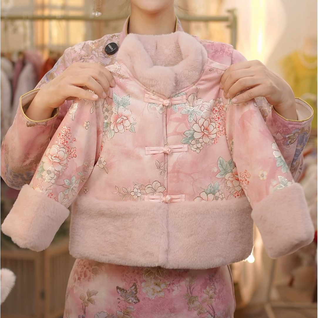 现货【桃花诺】SC698女童冬季新中式加绒加厚棉衣外套牛仔裤国风套