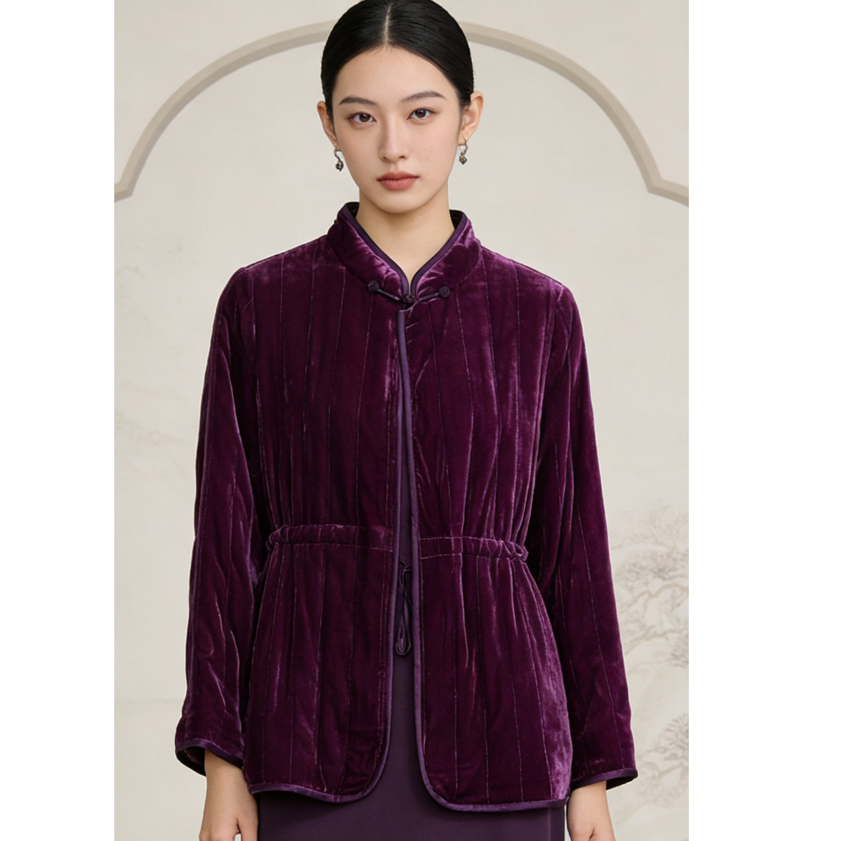 JINSILUO【绒绒】新中式气质桑蚕丝国风丝绒短秋冬复古外套立领