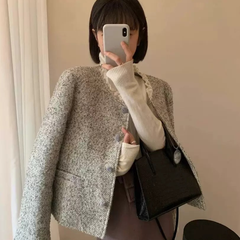 羊毛充棉加厚小香风外套女蕾丝花边拼接气质法式显瘦洋气复古粗花