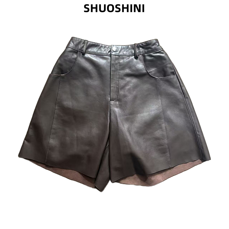 25秋冬真皮绵羊皮油腊阔腿裤女士时尚高腰皮短裤休闲百搭气质显瘦