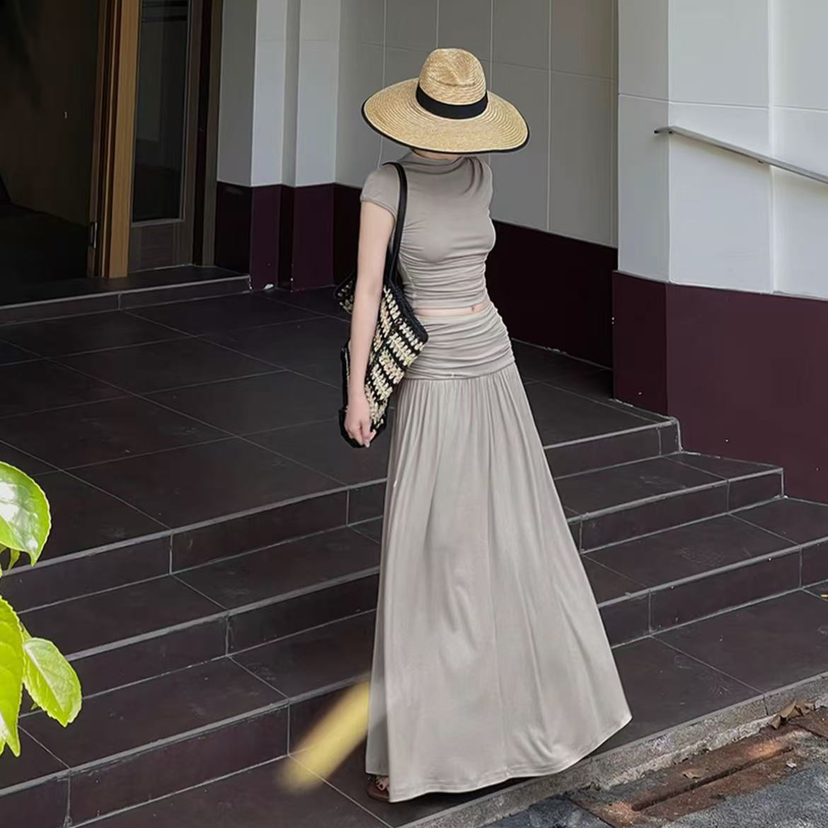 夏季2025女款时尚上衣+长款半身裙收腰显瘦气质套ins高级感