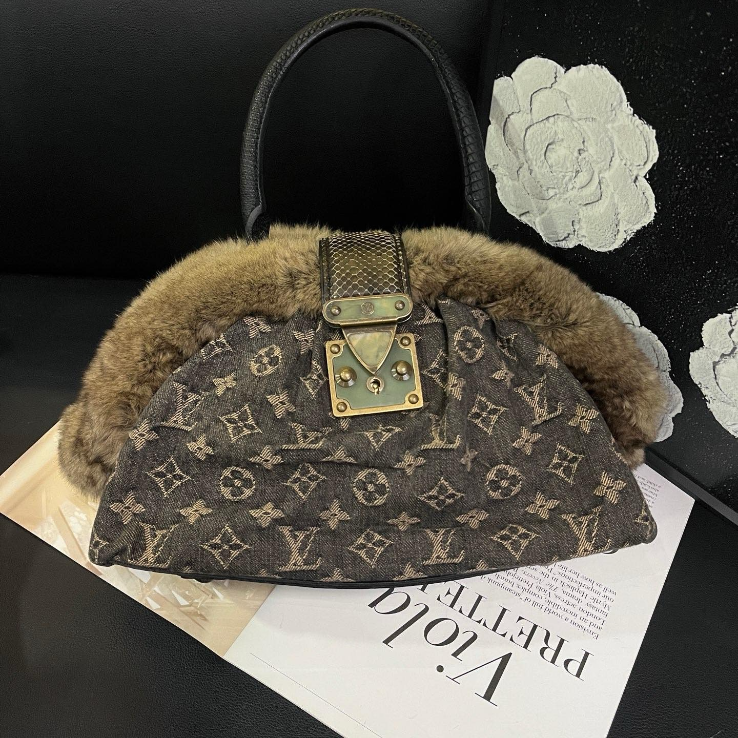 95新 LouisVuitton/路易威登 老花牛仔拼蛇手提05年B3405
