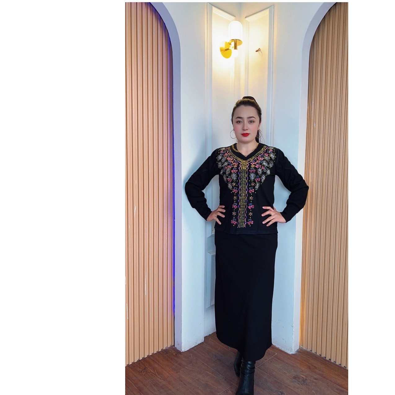 长袖妈妈装冬季修身外套连衣裙大码中老年女装显瘦