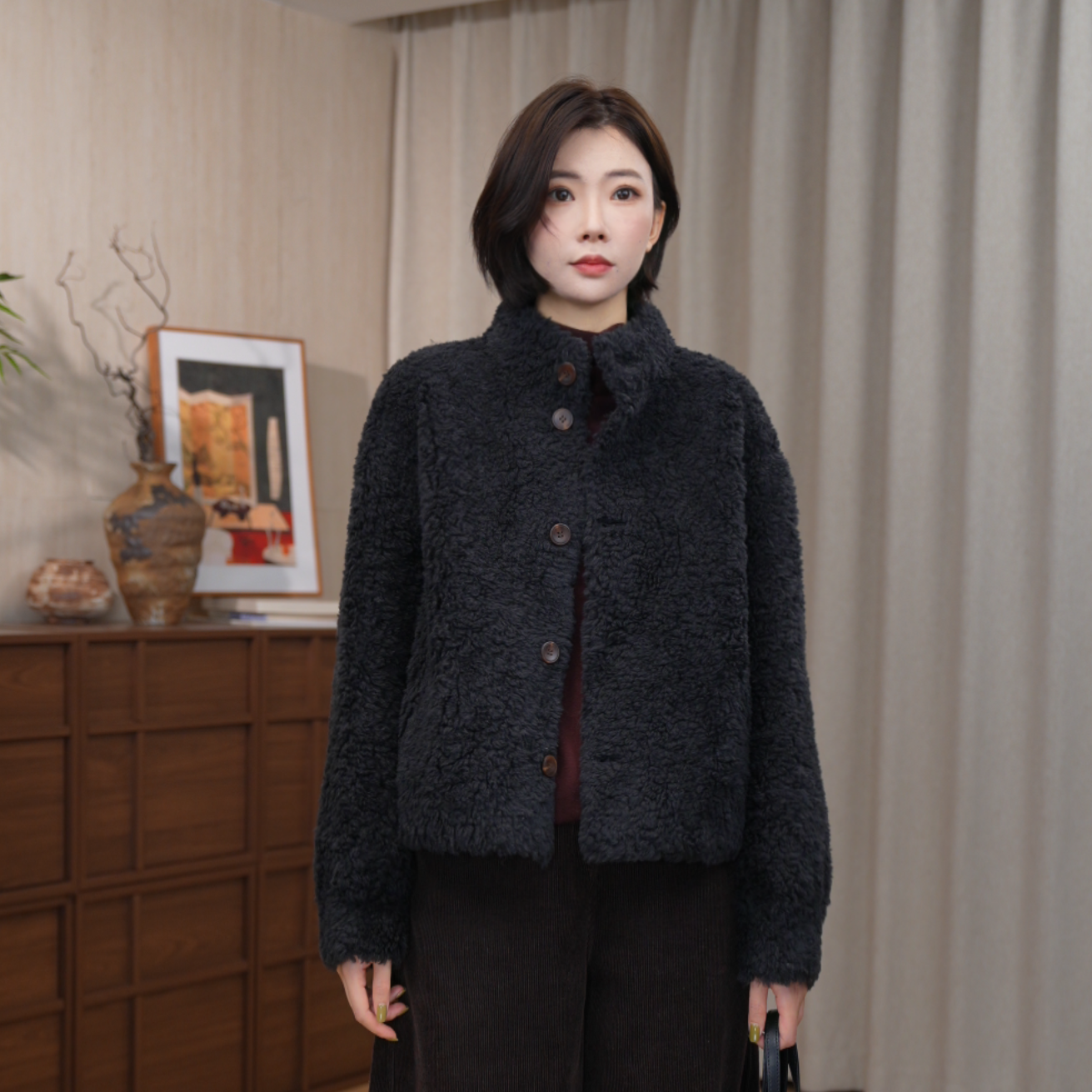 休闲小香风牛角扣毛毛外套秋冬黑色短款短外套