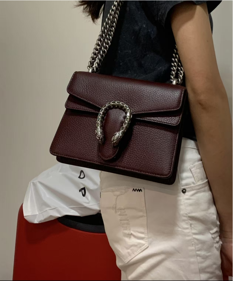 99新 GUCCI/古驰 茉上/酒红色小号全皮酒神