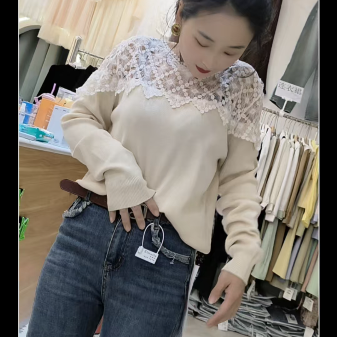 5224#蕾丝拼接毛衣长袖网红时尚百搭镂空拼接毛衣套头（尖蕾丝）