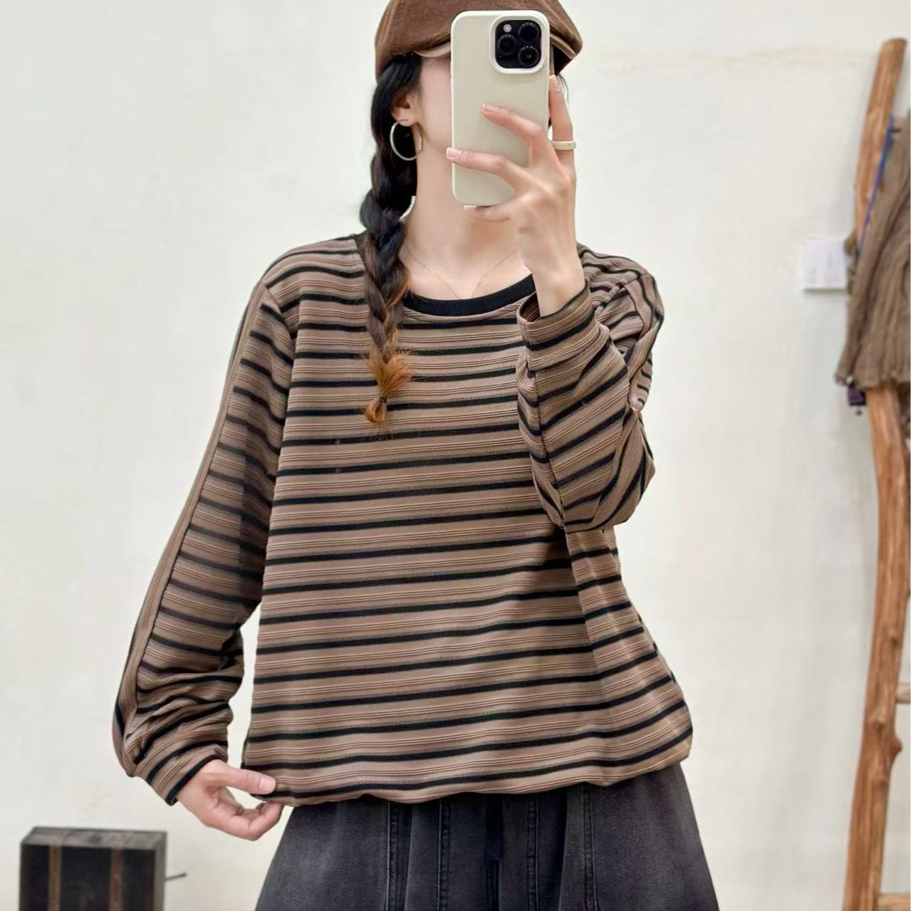 15709新款春秋圆领气质百搭休闲时尚条纹卫衣