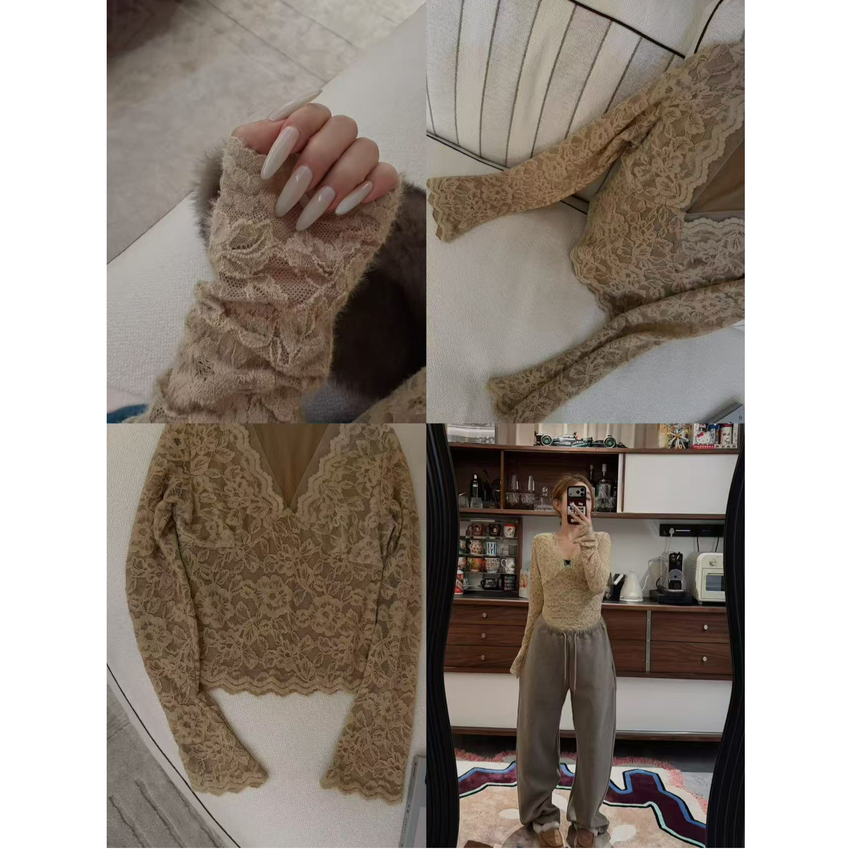 十三行白白家-韩系姐姐～冬季新款蕾丝拼接加绒温柔色系打底#8142